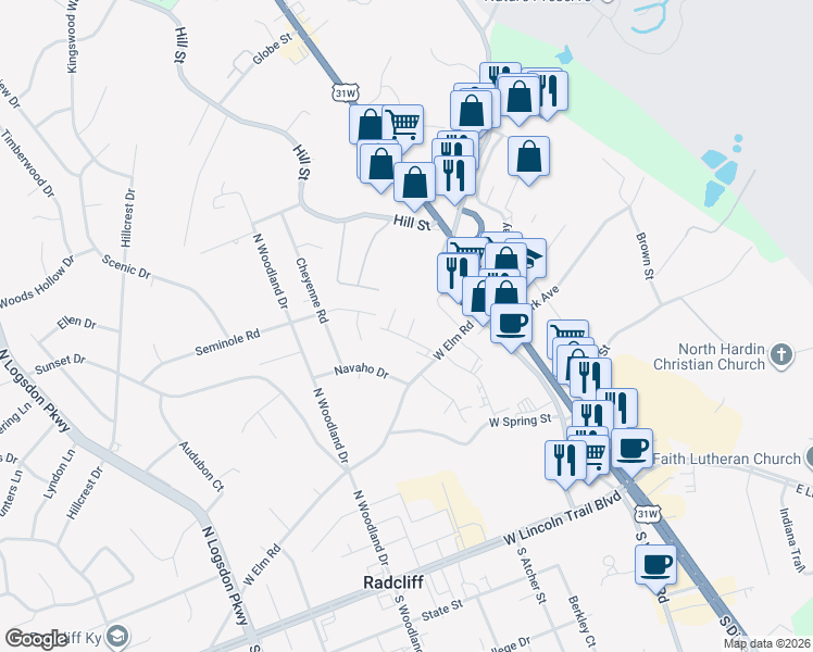 map of restaurants, bars, coffee shops, grocery stores, and more near 613 Elder Court in Radcliff