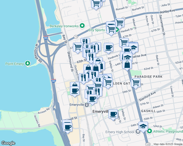 map of restaurants, bars, coffee shops, grocery stores, and more near 6401 Hollis Street in Emeryville