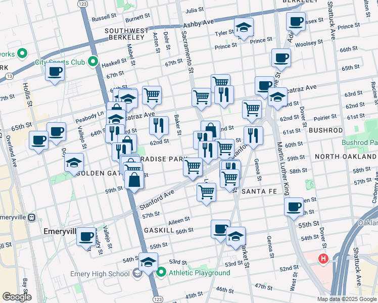 map of restaurants, bars, coffee shops, grocery stores, and more near 968 61st Place in Oakland