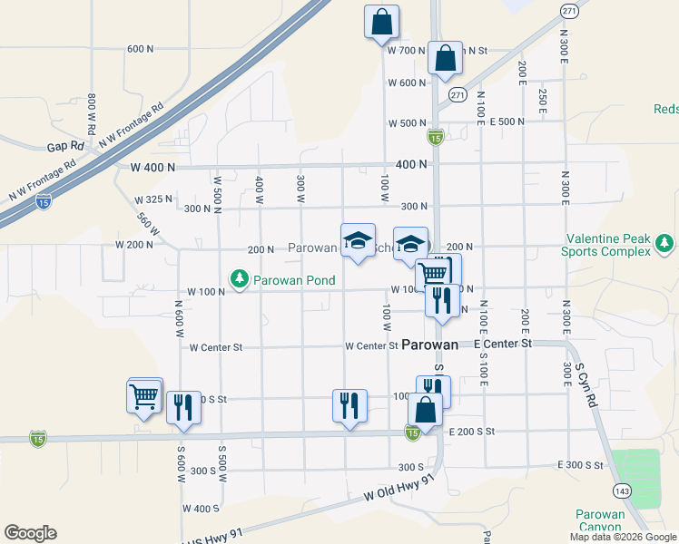 map of restaurants, bars, coffee shops, grocery stores, and more near in Parowan