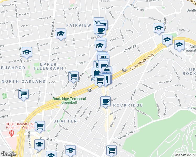 map of restaurants, bars, coffee shops, grocery stores, and more near 5667 Miles Avenue in Oakland