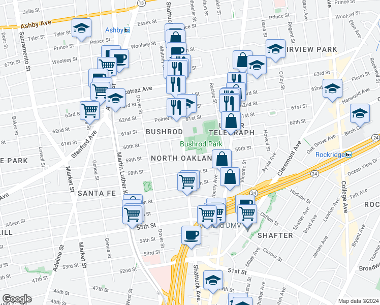 map of restaurants, bars, coffee shops, grocery stores, and more near 5900 Shattuck Avenue in Oakland