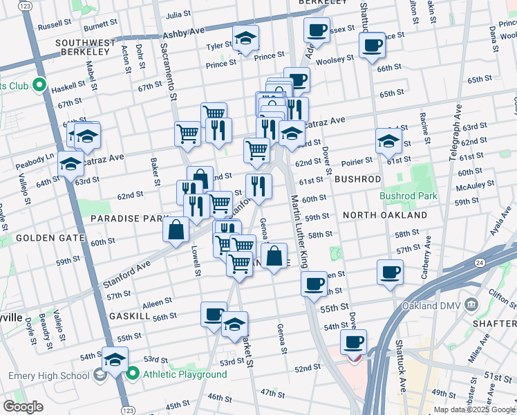 map of restaurants, bars, coffee shops, grocery stores, and more near 848 60th Street in Oakland