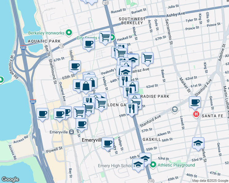 map of restaurants, bars, coffee shops, grocery stores, and more near 1169 63rd Street in Oakland