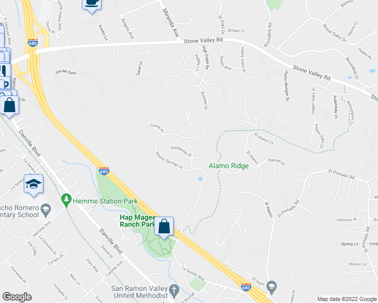 map of restaurants, bars, coffee shops, grocery stores, and more near 34 Kimberley Place in Alamo