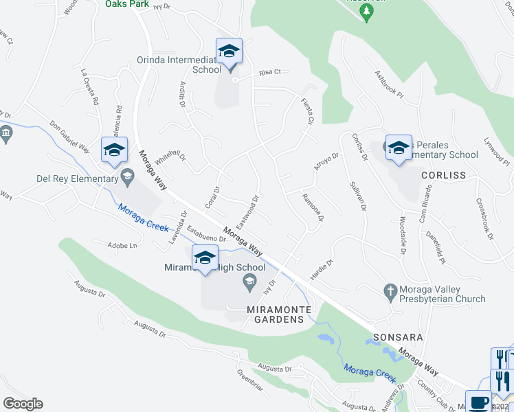 map of restaurants, bars, coffee shops, grocery stores, and more near 21 Carisbrook Drive in Orinda