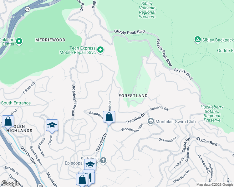 map of restaurants, bars, coffee shops, grocery stores, and more near 6575 Heather Ridge Way in Oakland