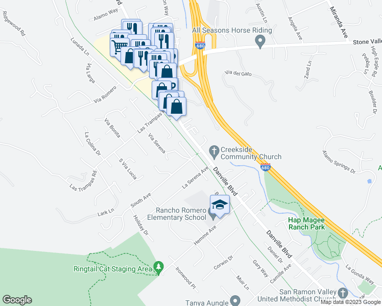 map of restaurants, bars, coffee shops, grocery stores, and more near 110 Wayland Lane in Alamo