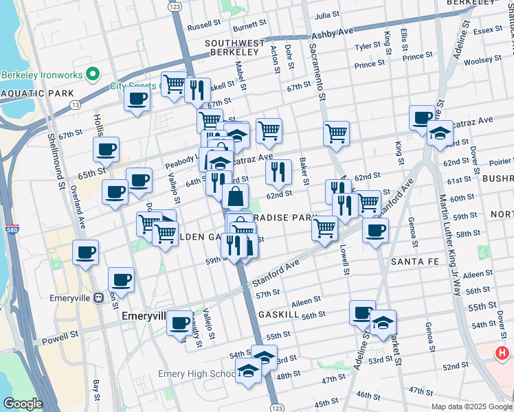 map of restaurants, bars, coffee shops, grocery stores, and more near 1075 62nd Street in Oakland