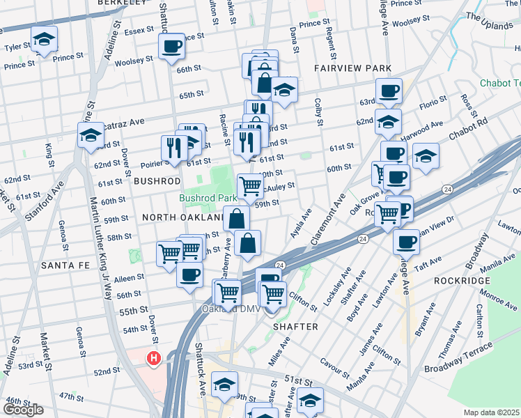 map of restaurants, bars, coffee shops, grocery stores, and more near 481 59th Street in Oakland