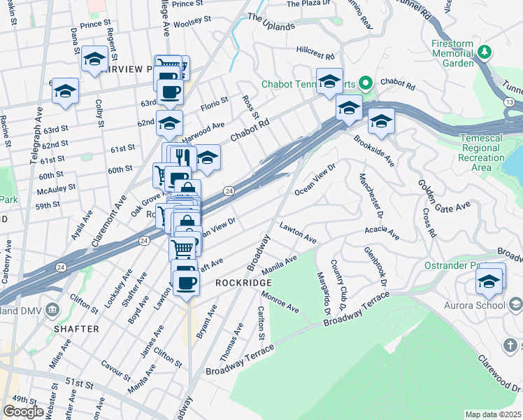 map of restaurants, bars, coffee shops, grocery stores, and more near 5835 Ocean View Drive in Oakland