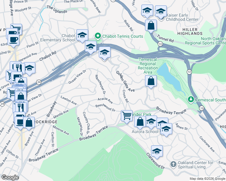 map of restaurants, bars, coffee shops, grocery stores, and more near 132 Alpine Terrace in Oakland