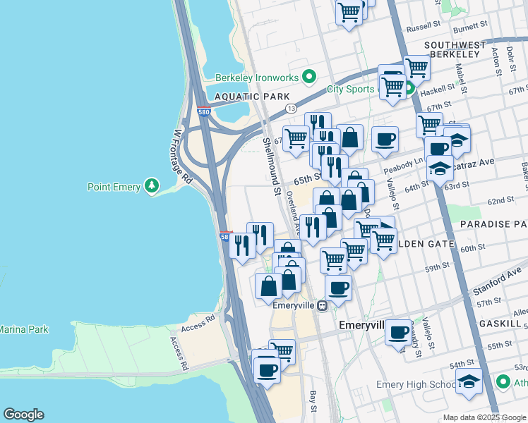 map of restaurants, bars, coffee shops, grocery stores, and more near 3203 65th Street in Emeryville