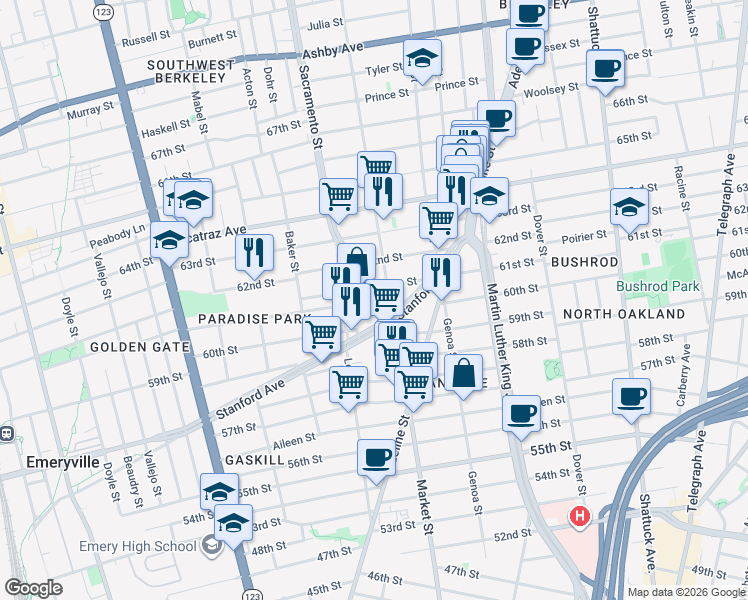 map of restaurants, bars, coffee shops, grocery stores, and more near 6014 Market Street in Oakland