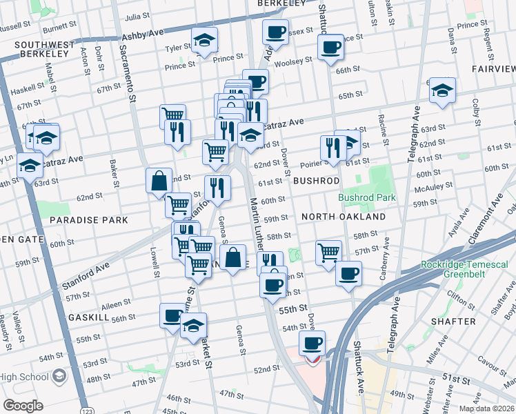 map of restaurants, bars, coffee shops, grocery stores, and more near 5936 Martin Luther King Junior Way in Oakland