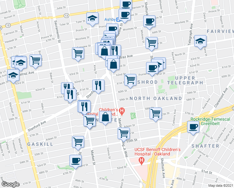 map of restaurants, bars, coffee shops, grocery stores, and more near 807 60th Street in Oakland