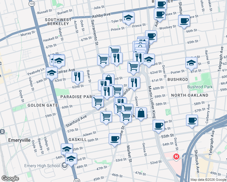 map of restaurants, bars, coffee shops, grocery stores, and more near 6014 Market Street in Oakland