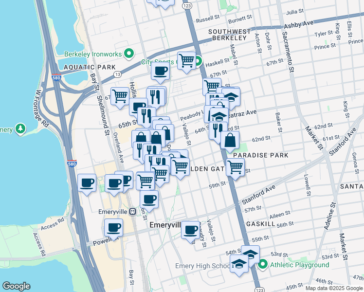 map of restaurants, bars, coffee shops, grocery stores, and more near 1250 63rd Street in Emeryville