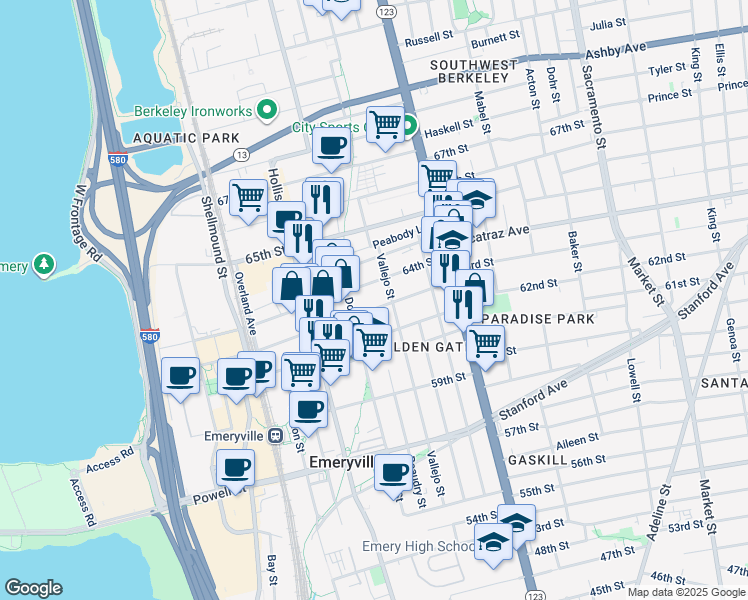 map of restaurants, bars, coffee shops, grocery stores, and more near 1250 63rd Street in Emeryville