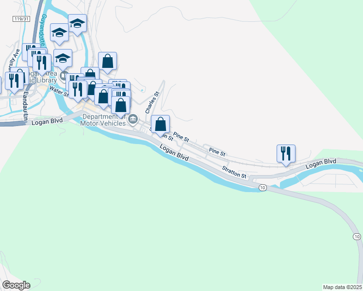 map of restaurants, bars, coffee shops, grocery stores, and more near 589 Stratton Street in Logan