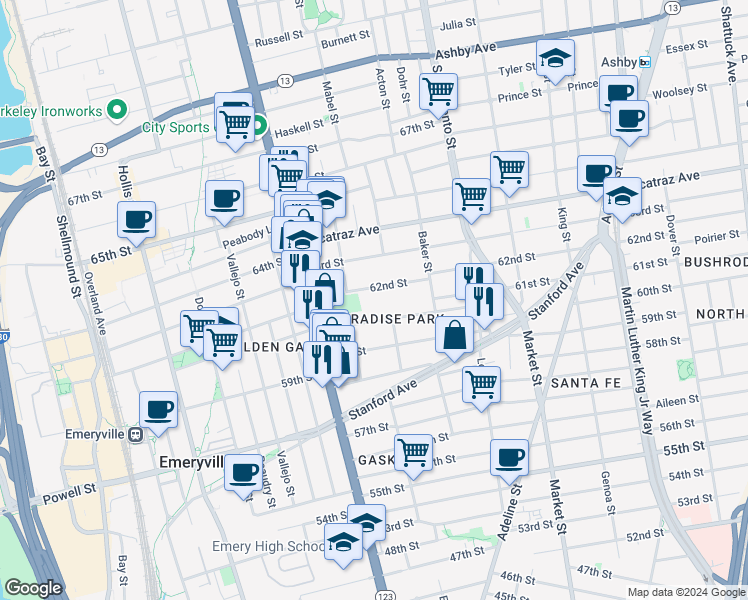 map of restaurants, bars, coffee shops, grocery stores, and more near 1051 62nd Street in Oakland