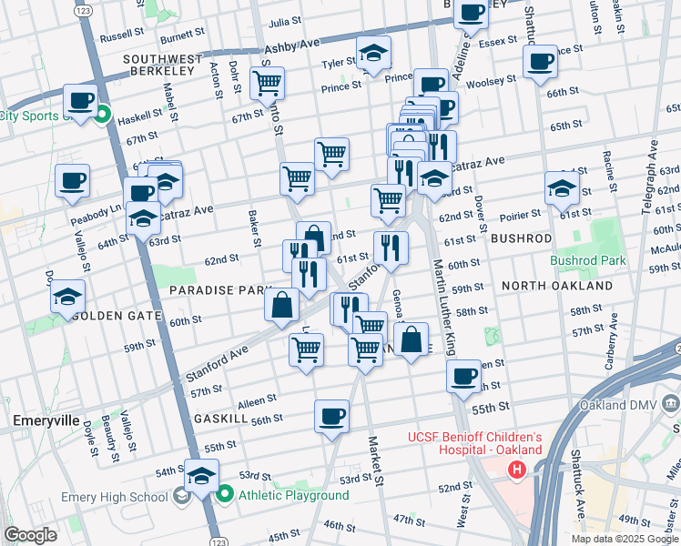 map of restaurants, bars, coffee shops, grocery stores, and more near 6014 Market Street in Oakland