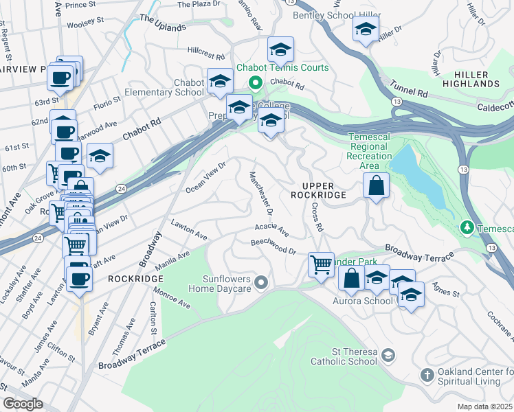 map of restaurants, bars, coffee shops, grocery stores, and more near 5950 Margarido Drive in Oakland