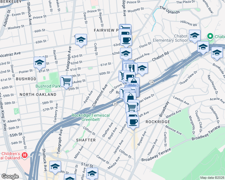 map of restaurants, bars, coffee shops, grocery stores, and more near 5647 Oak Grove Ave in Oakland