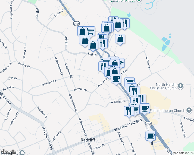 map of restaurants, bars, coffee shops, grocery stores, and more near 613 Elder Court in Radcliff