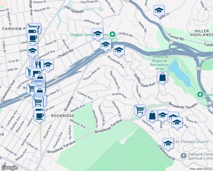 map of restaurants, bars, coffee shops, grocery stores, and more near 6178 Rockridge Boulevard in Oakland