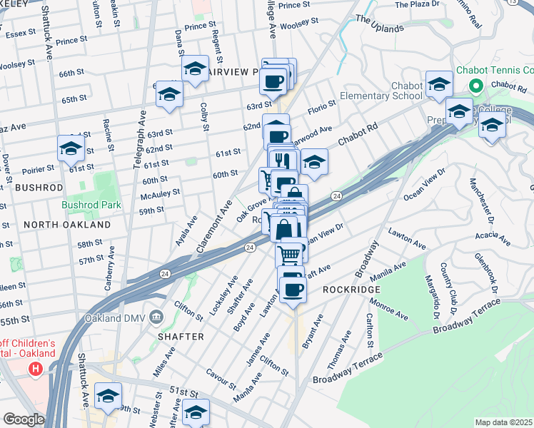 map of restaurants, bars, coffee shops, grocery stores, and more near 5667 Miles Avenue in Oakland