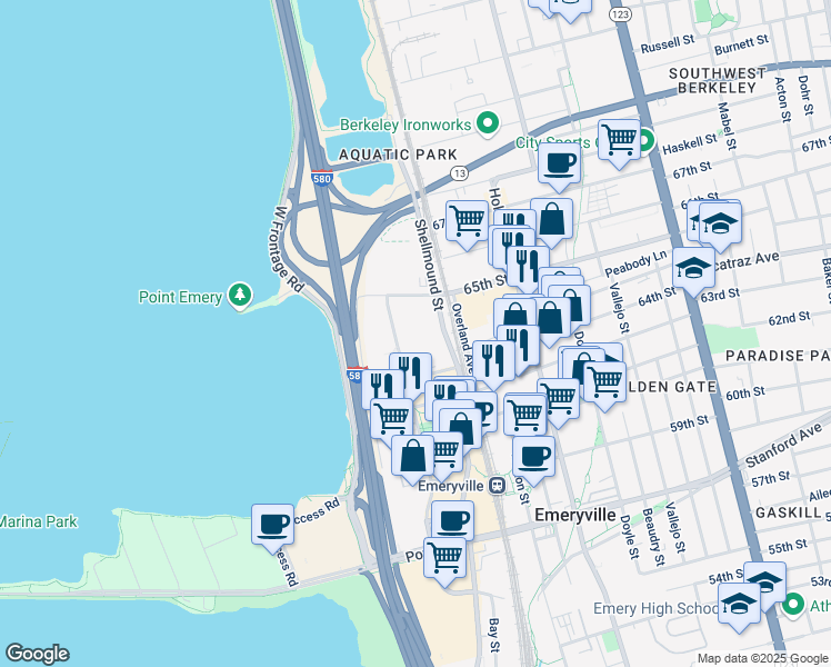 map of restaurants, bars, coffee shops, grocery stores, and more near 6400 Christie Avenue in Emeryville