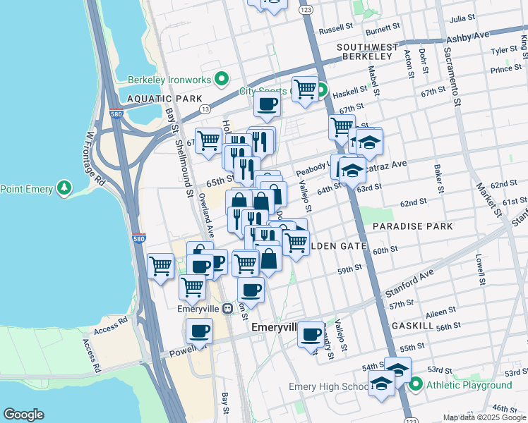 map of restaurants, bars, coffee shops, grocery stores, and more near 64th Street in Emeryville