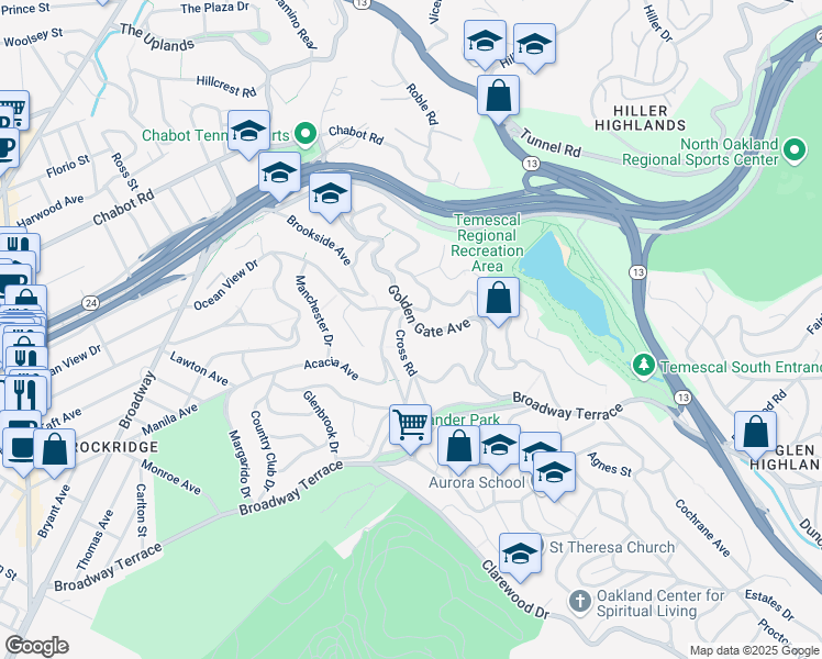 map of restaurants, bars, coffee shops, grocery stores, and more near 5347 Golden Gate Avenue in Oakland