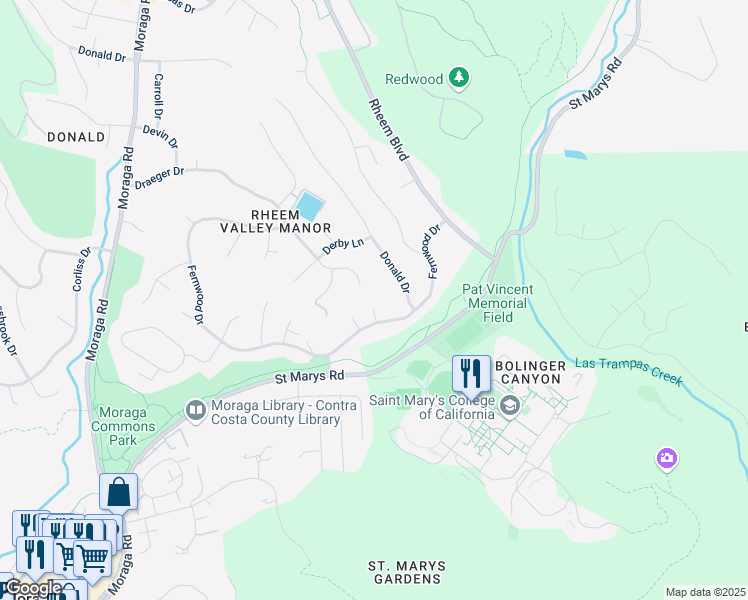 map of restaurants, bars, coffee shops, grocery stores, and more near 330 Draeger Drive in Moraga