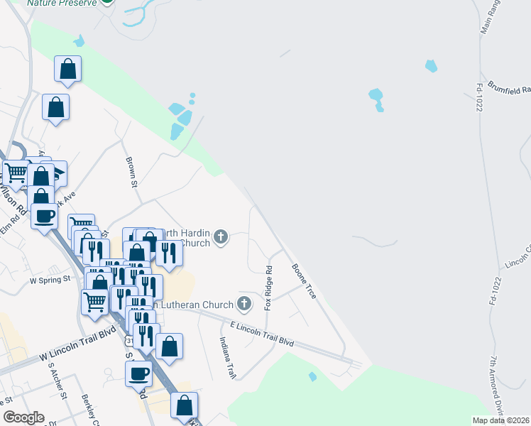 map of restaurants, bars, coffee shops, grocery stores, and more near 150-224 Boone Trce in Radcliff