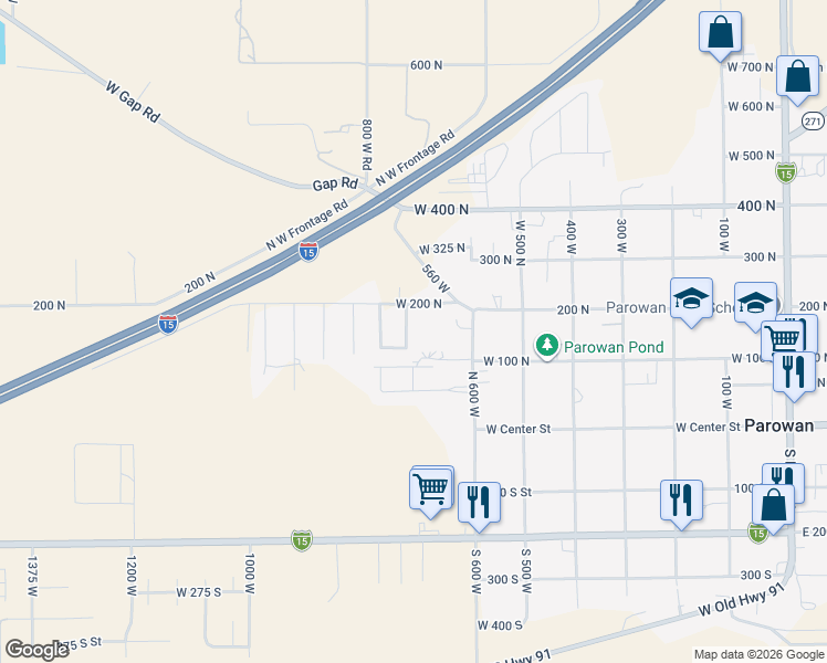 map of restaurants, bars, coffee shops, grocery stores, and more near 750 West in Parowan