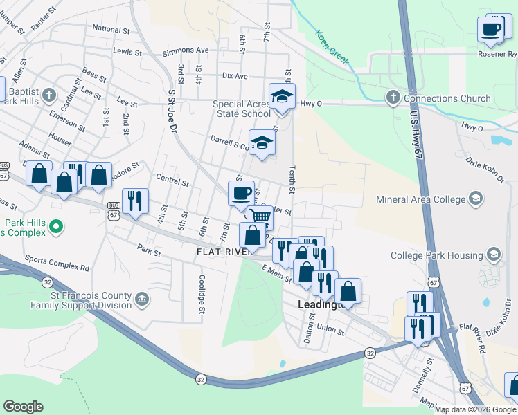 map of restaurants, bars, coffee shops, grocery stores, and more near 214 8th Street in Park Hills