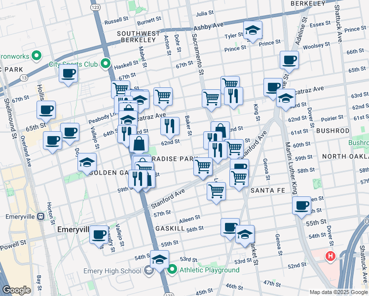 map of restaurants, bars, coffee shops, grocery stores, and more near 1003 62nd Street in Oakland
