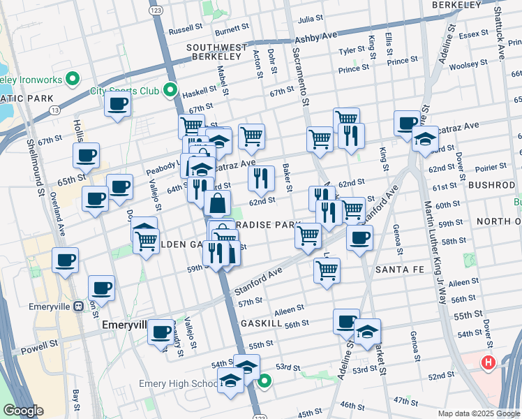 map of restaurants, bars, coffee shops, grocery stores, and more near 1051 62nd Street in Oakland