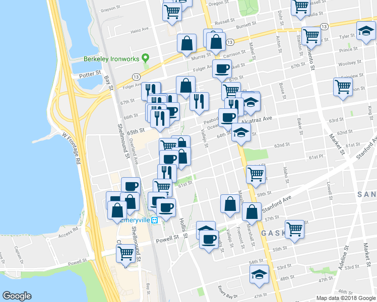 map of restaurants, bars, coffee shops, grocery stores, and more near 1285 64th Street in Emeryville