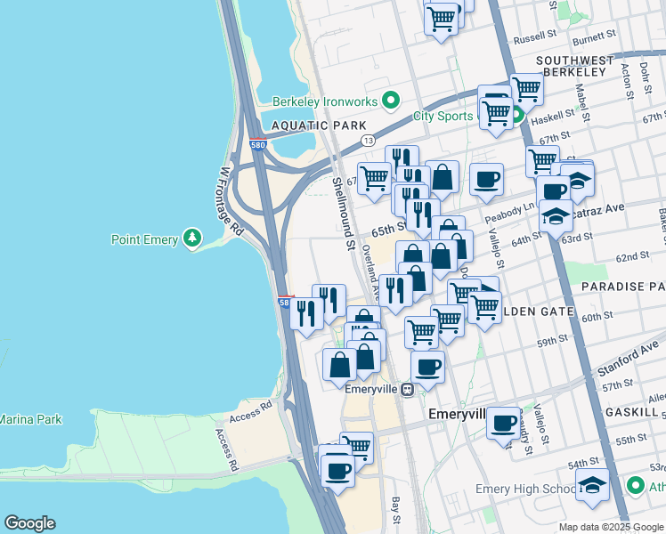 map of restaurants, bars, coffee shops, grocery stores, and more near 3203 65th Street in Emeryville