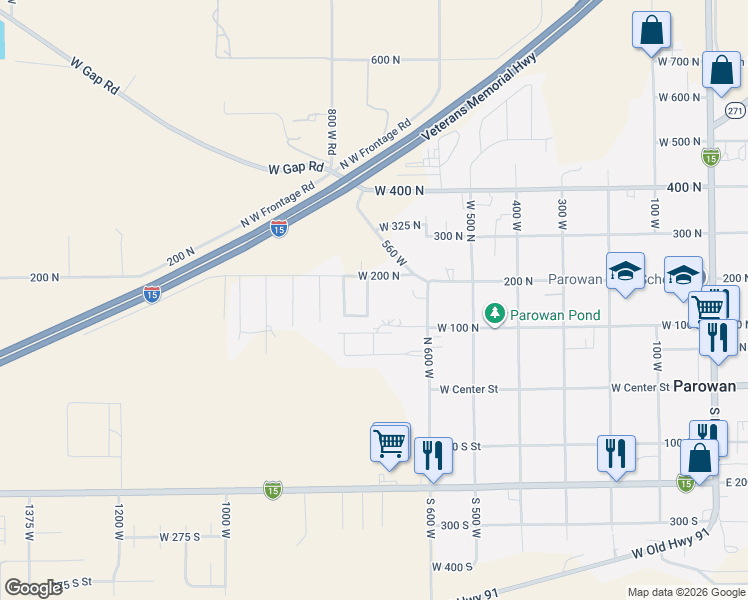 map of restaurants, bars, coffee shops, grocery stores, and more near 154 750 West in Parowan