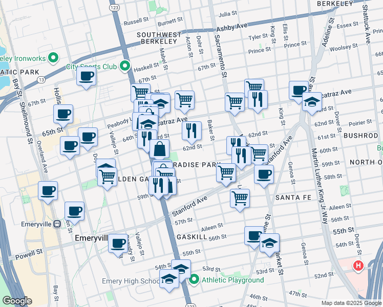 map of restaurants, bars, coffee shops, grocery stores, and more near 1051 62nd Street in Oakland