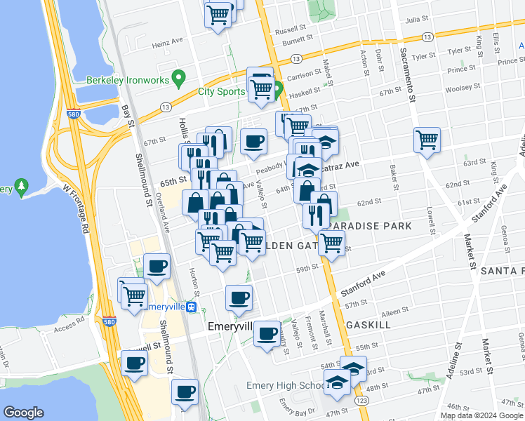 map of restaurants, bars, coffee shops, grocery stores, and more near 1250 63rd Street in Emeryville