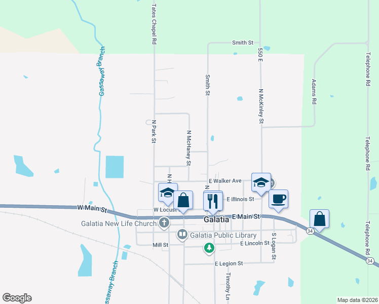 map of restaurants, bars, coffee shops, grocery stores, and more near 101 East Blakley Street in Galatia