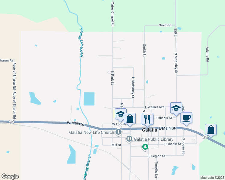 map of restaurants, bars, coffee shops, grocery stores, and more near 500 North Park Street in Galatia