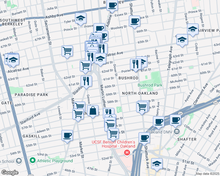 map of restaurants, bars, coffee shops, grocery stores, and more near 749 60th Street in Oakland