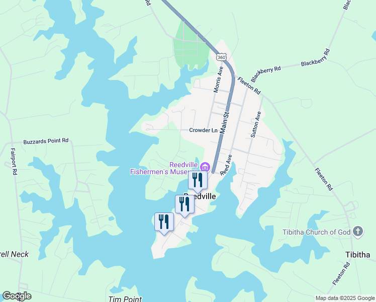 map of restaurants, bars, coffee shops, grocery stores, and more near 103 Crowder Point Drive in Reedville