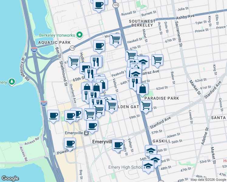 map of restaurants, bars, coffee shops, grocery stores, and more near 1260 63rd Street in Emeryville